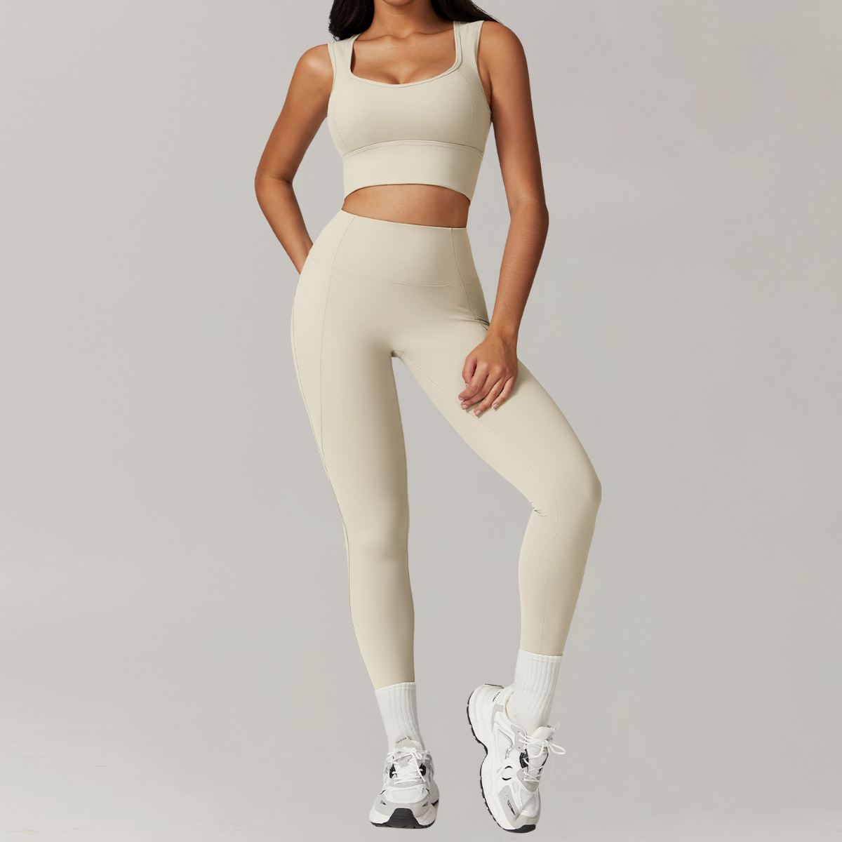 Soft and stretchy white workout set for a flattering fit